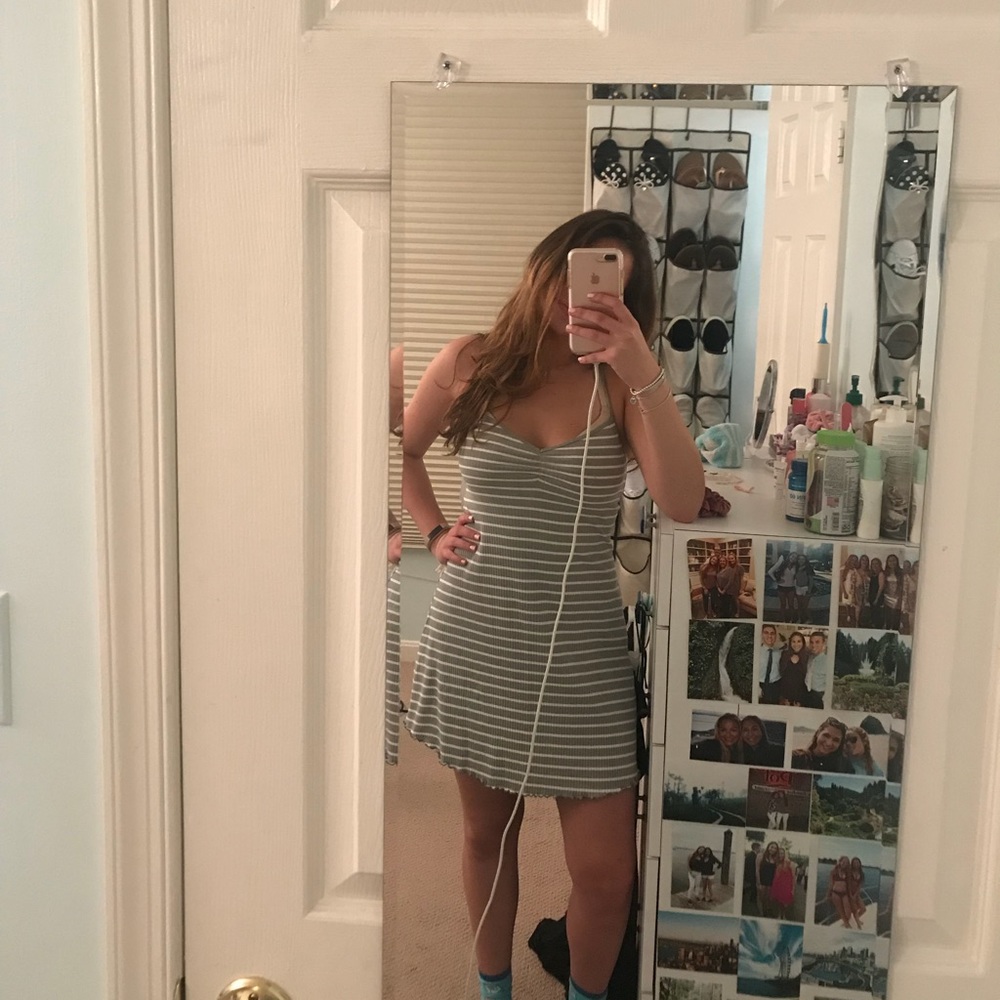 green + white striped skater dress